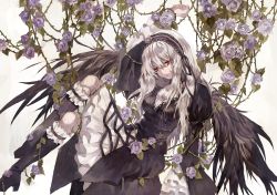 00s 1girl arm_up black_wings bonnet boots dress female_focus flower gothic_lolita knee_boots lolita_fashion long_hair parted_lips plant purple_flower purple_rose red_eyes rose rozen_maiden silver_hair sitting solo suigintou thorns tsukioka_tsukiho vines white_background wings