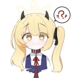 Rule 34 | 1girl, ?, ??, absurdres, black dress, black horns, blonde hair, blue archive, closed mouth, collar, collared shirt, commentary request, demon horns, dress, halo, highres, horns, ibuki (blue archive), leash, light blush, medium hair, mixed-language commentary, mora (moragooyoo), neck ribbon, red ribbon, ribbon, shirt, side ponytail, sidelocks, smile, solo, spoken question mark, upper body, white shirt, yellow eyes, yellow halo
