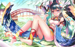 Rule 34 | 1girl, bad id, bad pixiv id, barefoot, bird, black hair, blue eyes, blush, breasts, bridge, closed mouth, day, detached sleeves, facial mark, flower, high ponytail, long hair, looking at viewer, lotus, medium breasts, official art, onmyoji, outdoors, pierorabu, pond, ponytail, sitting, smile, soles, solo, thighs, tsurime, wide sleeves, wings