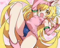 Rule 34 | 1girl, bakemonogatari, blonde hair, blue one-piece swimsuit, blush stickers, breasts, china dress, chinese clothes, detached sleeves, dress, fang, from below, highres, leg up, long hair, looking at viewer, monogatari (series), one-piece swimsuit, open mouth, oshino shinobu, pink dress, small breasts, solo, swimsuit, swimsuit under clothes, take shinobu, very long hair, yellow eyes