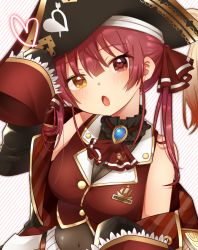 Rule 34 | 1girl, bare shoulders, bicorne, black hat, black jacket, blouse, blush, bodystocking, breasts, brown eyes, cleavage, covered navel, diagonal stripes, hair ribbon, hand up, hat, heart, heart-shaped pupils, heterochromia, highres, hololive, houshou marine, jacket, leotard, leotard under clothes, long hair, long sleeves, looking at viewer, medium breasts, off shoulder, parted lips, red eyes, red hair, red ribbon, red shirt, ribbon, see-through, see-through cleavage, see-through leotard, shirt, shitada, sleeveless, sleeveless shirt, sleeves past fingers, sleeves past wrists, solo, striped, striped background, symbol-shaped pupils, twintails, upper body, virtual youtuber