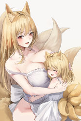 Rule 34 | 2girls, :d, ^ ^, absurdres, animal ear fluff, animal ears, apron, armpits, bare arms, bare shoulders, blonde hair, blush, breasts, cleavage, closed eyes, collarbone, commentary, commission, dress, english commentary, fang, fox ears, fox girl, fox tail, frilled apron, frills, gradient background, hand on another&#039;s back, hand on another&#039;s head, highres, hug, huge breasts, lillly, long hair, looking at viewer, medium hair, mother and daughter, multiple girls, multiple tails, naked apron, no bra, open mouth, original, parted lips, red eyes, short hair, simple background, sitting, smile, strap slip, sundress, tail, very long hair, white apron, white background, white dress, wrinkled fabric