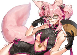 Rule 34 | 1girl, adjusting eyewear, alternate hairstyle, animal ears, bare arms, bare legs, bare shoulders, black gloves, bow, breasts, china dress, chinese clothes, clothing cutout, commentary, double bun, dress, fate/grand order, fate (series), fox ears, fox tail, g0ringo, glasses, gloves, hair bow, hair bun, hair ornament, hair up, hand fan, holding, holding fan, koyanskaya (chinese lostbelt outfit) (fate), koyanskaya (fate), large breasts, looking at viewer, lying, midriff, on side, pink bow, pink hair, side bun, sidelocks, single side bun, sleeveless, sleeveless dress, smile, solo, stomach cutout, tail, twitter username, underboob, yellow eyes