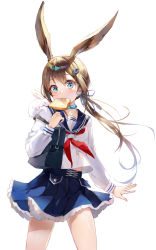 Rule 34 | 1girl, amiya (arknights), animal, animal ears, animal on shoulder, arknights, bag, blue choker, blue eyes, blue ribbon, blue sailor collar, blue skirt, bread slice, brown hair, choker, commentary, cowboy shot, earrings, extra ears, food, food in mouth, frilled skirt, frills, hair ribbon, highres, jewelry, kuza brs, long hair, long sleeves, looking at viewer, mouth hold, neckerchief, ponytail, rabbit, rabbit earrings, rabbit ears, rabbit on shoulder, red neckerchief, ribbon, sailor collar, school uniform, serafuku, shirt, shoulder bag, simple background, skirt, solo, standing, toast, toast in mouth, white background, white shirt