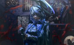 Rule 34 | 1girl, black gloves, black hair, black jacket, blood, blood splatter, blue eyes, blue necktie, braid, closed mouth, earrings, gloves, hair intakes, highres, hololive, hololive english, jacket, jacket on shoulders, jewelry, long sleeves, looking away, mafia (vocaloid), necktie, ouro kronii, quasarcake, shirt, short hair, solo, upper body, virtual youtuber, vocaloid, watch, white shirt, wristwatch