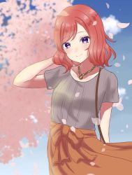 Rule 34 | 1girl, artist name, artist request, bag, blue sky, blush, bracelet, breasts, carrying bag, clothes around waist, cloud, collarbone, day, female focus, grey shirt, hair between eyes, highres, jewelry, looking at viewer, love live!, love live! school idol festival, love live! school idol festival all stars, love live! school idol project, necklace, nishikino maki, orange skirt, outdoors, parted lips, pearl bracelet, pearl necklace, petals, pink petals, purple eyes, red hair, shirt, short hair, short sleeves, skirt, sky, small breasts, solo, striped clothes, striped shirt, vertical-striped clothes, vertical-striped shirt, wavy hair