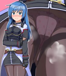 Rule 34 | 1girl, black pantyhose, blue hair, blush, bow, bow panties, closed mouth, commentary request, crotch seam, fingerless gloves, food print, gloves, green eyes, highres, long hair, looking at viewer, maria traydor, mtu virus, multiple views, naguchanchin, panties, panties under pantyhose, pantyhose, pink panties, print panties, red bow, skirt, solo, star ocean, star ocean till the end of time, strawberry panties, strawberry print, underwear, upskirt