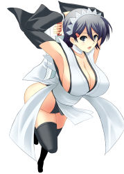 Rule 34 | 1girl, armpits, ass, black hair, breasts, cleavage, full body, highres, holding, holding weapon, huge breasts, iroha (samurai spirits), japanese clothes, jumping, large breasts, leotard, leotard under clothes, maid, maid headdress, open mouth, rick.black, samurai spirits, short hair, sideboob, smile, snk, solo, strapless, strapless leotard, thighhighs, thong leotard, weapon, wide hips