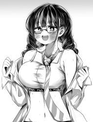 1girl ao_tanuki bare_shoulders blush boku_no_kokoro_no_yabai_yatsu braid breasts collarbone collared_shirt glasses greyscale highres large_breasts long_hair mole mole_on_neck monochrome multiple_moles navel necktie open_clothes open_mouth open_shirt shirt solo sports_bra sweat twin_braids undressing yamada_anna