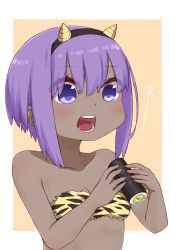 Rule 34 | 1girl, bare arms, bare shoulders, blush, breasts, brown background, cleavage, collarbone, dark-skinned female, dark skin, ehoumaki, fate/prototype, fate/prototype: fragments of blue and silver, fate (series), food, hair between eyes, hassan of serenity (fate), holding, holding food, i.u.y, makizushi, open mouth, purple eyes, purple hair, sidelocks, small breasts, solo, sushi, two-tone background, upper body, white background