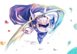 Rule 34 | akakiao tea, blue cape, blue footwear, cape, cape lift, clenched teeth, closed eyes, commentary request, galaxia (sword), gloves, holding, holding sword, holding weapon, kirby (series), meta knight, motion blur, nintendo, no humans, petals, sabaton, shoulder pads, solo, sword, teeth, veil lift, weapon, white background, white gloves, white mask, white veil, yellow trim