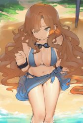 1girl absurdres beach bikini blue_bikini blue_eyes blush breasts brown_hair cleavage commission fictional_persona goggles goggles_around_neck hair_over_one_eye highres huge_filesize long_hair looking_at_viewer medium_breasts navel original outdoors romana shadow sitting solo swimsuit very_long_hair