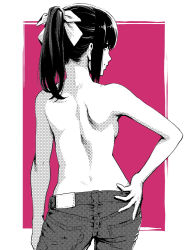 Rule 34 | 1girl, arm at side, ass, back, bow, closed mouth, commentary request, contrapposto, cowboy shot, from behind, hair bow, hand on own hip, looking at viewer, looking back, monochrome, original, pants, ponytail, purple background, shoulder blades, sidelocks, smile, solo, topless, ume (yume uta da)