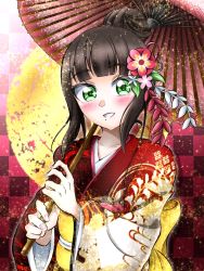 Rule 34 | 1girl, alternate hairstyle, artist request, back bow, black hair, blunt bangs, bow, collarbone, corset, female focus, floral print, flower, flower print, green eyes, hair bun, hair flower, hair ornament, hime cut, holding, holding umbrella, japanese clothes, kimono, kurosawa dia, long hair, long sleeves, looking at viewer, love live!, love live! sunshine!!, mole, mole under mouth, nail, nail polish, obi, pink nails, red footwear, red kimono, sash, single hair bun, solo, source request, teeth, umbrella, upper body, wide sleeves, yellow bow