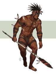 1boy abs armpit_hair armpit_hair_peek artist_name bara barefoot bodypaint commentary commission dark-skinned_male dark_skin dreadlocks english_commentary facepaint feather_hair_ornament feathers hair_ornament holding holding_polearm holding_weapon jewelry loincloth looking_at_viewer male_focus muscular muscular_male navel navel_hair necklace nipple_piercing nipples original pectorals piercing polearm simple_background solo thighs topless_male tribal undercut weapon xelgot