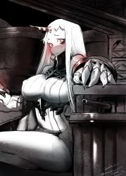 Rule 34 | 10s, 1girl, 2014, abyssal ship, bad id, bad pixiv id, breasts, claws, colored skin, dated, dress, horns, huge breasts, kantai collection, large breasts, long hair, looking at viewer, mono (nekogoya), red eyes, ribbed dress, ribbed sweater, seaport princess, short dress, sideboob, single horn, solo, sweater, sweater dress, thighs, white hair, white skin