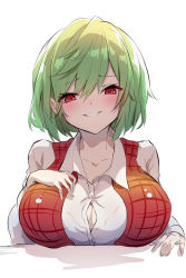 Rule 34 | 1girl, blouse, blush, breasts, bursting breasts, button gap, cleavage, collared shirt, diieru, green hair, grin, hair between eyes, hand on own chest, highres, kazami yuuka, large breasts, looking at viewer, plaid, plaid vest, red eyes, red vest, shirt, short hair, simple background, smile, touhou, upper body, vest, white shirt