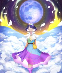 Rule 34 | 1girl, absurdres, artist request, blue hair, blush, boots, cape, closed eyes, dress, hairband, highres, long sleeves, moon, multicolored clothes, multicolored dress, multicolored hairband, pink footwear, rainbow gradient, short hair, sky print, tenkyuu chimata, touhou, unconnected marketeers