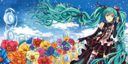 Rule 34 | 1girl, album cover, bad id, bad pixiv id, beamed quavers, cloud, cover, elbow gloves, fingerless gloves, floating hair, flower, gloves, green eyes, green hair, hair ribbon, hat, hatsune miku, headset, iroha (shiki), long hair, matching hair/eyes, mini hat, mini top hat, musical note, musical note print, nail polish, necktie, open mouth, quaver, ribbon, skirt, sky, solo, speaker, staff (music), thighhighs, top hat, twintails, very long hair, vocaloid
