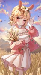 Rule 34 | 1girl, absurdres, animal ears, arm up, artist name, bare shoulders, bird, blonde hair, blush, braid, breasts, cloud, commentary, dress, highres, huge filesize, hyeya, jacket, long sleeves, looking at viewer, medium breasts, medium skirt, off shoulder, original, outdoors, pink jacket, puffy long sleeves, puffy sleeves, rabbit ears, red eyes, short hair, short twintails, sidelocks, skirt, sky, sleeveless, sleeveless dress, solo, standing, symbol-only commentary, twintails, waving, wheat, wheat field, white dress, white skirt
