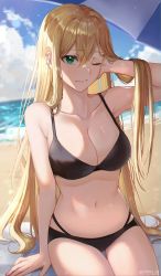 Rule 34 | 1girl, absurdres, arm behind back, arm support, beach, bikini, black bikini, blonde hair, blush, breasts, character request, closed mouth, commentary, copyright request, day, ear piercing, ffflilil, green eyes, hair between eyes, hand in own hair, highres, large breasts, long hair, looking at viewer, navel, one eye closed, outdoors, piercing, sitting, smile, solo, swimsuit, twitter username, very long hair