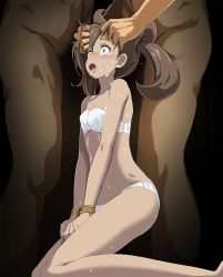 Rule 34 | 1girl, 2boys, bare arms, bare legs, blush, bound, bound wrists, bow, bra, breasts, brown hair, cleavage, clothed female nude male, collarbone, creatures (company), crying, crying with eyes open, dark-skinned female, dark skin, game freak, green eyes, highres, imminent fellatio, imminent rape, long hair, multiple boys, navel, nintendo, nude, open mouth, panties, pink bow, pokemon, pokemon xy, shauna (pokemon), small breasts, sweatdrop, tears, tsukishiro saika, twintails, underwear, underwear only, white bra, white panties