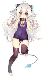 Rule 34 | 1girl, animal hands, ao jun, barefoot, bell, black thighhighs, blue eyes, blush, collar, covered navel, demon tail, elsword, full body, gloves, long hair, luciela r. sourcream, one-piece swimsuit, paw gloves, pointy ears, school swimsuit, silver hair, simple background, smile, solo, swimsuit, tail, thighhighs, toeless legwear, toes, white background