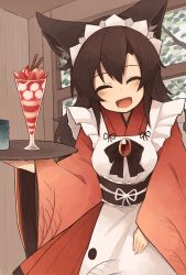 Rule 34 | 1girl, alternate costume, animal ears, apron, blush, breasts, brooch, brown hair, dress, enmaided, closed eyes, fang, food, highres, imaizumi kagerou, jewelry, kaginoni, long hair, long sleeves, maid, maid apron, maid headdress, medium breasts, open mouth, parfait, smile, solo, touhou, wa maid, wolf ears