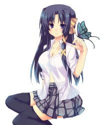Rule 34 | 1girl, black hair, blue eyes, breasts, bug, butterfly, butterfly on hand, cleavage, highres, insect, kurugaya yuiko, little busters!, long hair, plaid, plaid skirt, school uniform, see-through, simple background, sitting, skirt, smile, solo, thighhighs, wakabaneko, zettai ryouiki