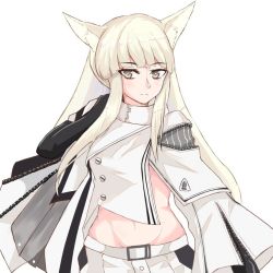 Rule 34 | 1girl, animal ears, arknights, black gloves, blunt bangs, commentary request, crop top, gloves, grey eyes, groin, jacket, long hair, looking at viewer, midriff, navel, partial commentary, platinum (arknights), simple background, solo, stomach, tsuchinoko snake, upper body, very long hair, white background, white hair, white jacket