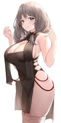 Rule 34 | 1girl, absurdres, azur lane, bare arms, breasts, charybdis (azur lane), charybdis (red chamber of healing) (azur lane), cleavage, closed mouth, commentary, dress, earrings, flower earrings, from side, grey dress, grey eyes, grey hair, highres, jewelry, large breasts, looking at viewer, nail polish, official alternate costume, pdxen, pelvic curtain, pink nails, sideboob, simple background, smile, solo, symbol-only commentary, thighhighs, thighs, white background, white thighhighs