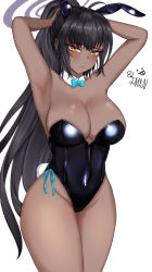 Rule 34 | 1girl, 82jhin, absurdres, animal ears, armpits, bare legs, bare shoulders, black hair, black leotard, blue archive, blue bow, bow, bowtie, breasts, cleavage, closed mouth, commentary request, cowboy shot, dark-skinned female, dark skin, detached collar, earrings, fake animal ears, gloves, high ponytail, highres, jewelry, karin (blue archive), karin (bunny) (blue archive), large breasts, leotard, long hair, looking at viewer, playboy bunny, rabbit ears, rabbit pose, rabbit tail, sidelocks, tail, traditional bowtie, very long hair, white background, white gloves, wrist cuffs, yellow eyes
