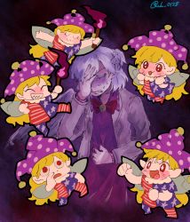 Rule 34 | 2girls, ^ ^, american flag dress, american flag legwear, beige jacket, blonde hair, blush, bow, braid, clenched hand, closed eyes, clownpiece, dress, fairy wings, french braid, hair between eyes, hand on own face, hat, jester cap, kishin sagume, long hair, long sleeves, multiple girls, multiple persona, nose picking, pantyhose, polka dot, purple dress, raya (uk 0128), red bow, red neckwear, sharp teeth, short hair, silver hair, single wing, smile, sparkling eyes, star-shaped pupils, star (symbol), sweatdrop, symbol-shaped pupils, teeth, tongue, tongue out, torch, touhou, twitter username, uwu, wings