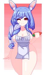 1girl absurdres animal_ears apron blue_hair breasts carrot food highres holding holding_carrot holding_food hololive large_breasts linefee23 looking_at_viewer multicolored_hair naked_apron pekomama pixel_art rabbit_ears rabbit_girl red_eyes smile virtual_youtuber white_apron white_hair