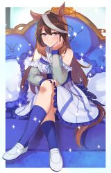 Rule 34 | 1girl, absurdres, alternate costume, animal ears, arm support, bare shoulders, blue dress, blue socks, brown hair, couch, crossed legs, dress, earrings, frilled dress, frilled pillow, frills, hand on own face, highres, horse ears, horse girl, horse tail, jewelry, kusanagi kaoru, long hair, looking at viewer, multicolored hair, on couch, pillow, purple eyes, see-through, see-through sleeves, single earring, sitting, socks, solo, streaked hair, symboli rudolf (umamusume), tail, umamusume, umayon, very long hair, white footwear