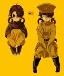 Rule 34 | 1girl, bandage over one eye, black jacket, brown eyes, brown hair, expressionless, hair over one eye, hat, highres, jacket, manchukuo army, manchukuo flag, military hat, military uniform, multiple views, nanimonothing, original, pants, sitting, sleeves past fingers, sleeves past wrists, smile, solo, uniform, yellow background, yellow hat, yellow jacket, yellow pants
