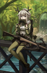 Rule 34 | 1girl, absurdres, antlers, arknights, arrow (projectile), bad id, bad pixiv id, black footwear, black gloves, black skirt, bow (weapon), breasts, commentary request, covered mouth, crossbow, day, firewatch (arknights), forest, full body, gloves, green jacket, green pantyhose, grey hair, hands up, highres, holding, horns, jacket, long sleeves, nature, ndtwofives, on railing, open clothes, open jacket, outdoors, pantyhose, pleated skirt, ponytail, railing, reindeer antlers, river, scope, shirt, shoes, sitting, skirt, small breasts, solo, twitter username, water, waterfall, weapon, white shirt