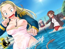 Rule 34 | 1boy, 3girls, angry, artist request, between breasts, blonde hair, breasts, brown hair, buruma, eel, electric eel, electricity, ernestina imbrie, game cg, kouno honoka, multiple girls, nipples, non-web source, oshikawa rin, pool, salvatore!, source request, tiara, torn clothes, underwear, water, wet, wet clothes