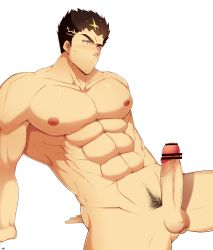Rule 34 | 1boy, abs, absurdres, bara, censored, completely nude, erection, facial hair, fujimachine (clayten), highres, male focus, muscular, nipples, nude, pectorals, penis, sitting, solo, spread legs, stubble, thighs, tokyo houkago summoners, zabaniyya (housamo)