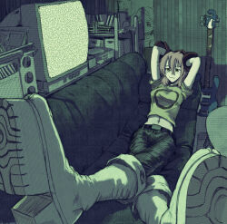 Rule 34 | 1girl, 2000s (style), belt, boots, breasts, couch, flcl, gloves, guitar, hair between eyes, hand on own head, haruhara haruko, highres, instrument, kog, lying, medium breasts, on couch, pink hair, shirt, shoe soles, solo, television, white footwear