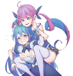 Rule 34 | 2girls, absurdres, ahoge, alternate costume, anchor print, aqua (konosuba), aqua (konosuba) (cosplay), bare shoulders, blue dress, blue eyes, blue hair, blush, braid, breasts, carrying, cleavage, clenched teeth, colored inner hair, commentary request, cosplay, costume switch, crossover, detached sleeves, dress, enmaided, feet out of frame, flying sweatdrops, french braid, frilled dress, frills, from behind, grabbing, grabbing another&#039;s breast, grabbing from behind, grin, hair between eyes, hair ornament, hair ribbon, highres, hololive, kono subarashii sekai ni shukufuku wo!, lan mao akko, long hair, long sleeves, looking at another, maid, maid headdress, minato aqua, minato aqua (1st costume), minato aqua (cosplay), multicolored hair, multiple girls, name connection, open mouth, photoshop (medium), piggyback, purple eyes, purple hair, revision, ribbon, simple background, sitting, sitting on person, skirt, smile, teeth, thighhighs, twintails, two-tone hair, upper teeth only, very long hair, virtual youtuber, white background, white legwear, yuri