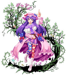 Rule 34 | 1girl, :o, adapted costume, book, capelet, crescent, female focus, h kasei, hat, highres, leg ribbon, long hair, patchouli knowledge, pointing, pointing up, purple eyes, purple hair, ribbon, solo, thigh ribbon, touhou