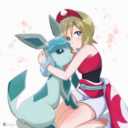 Rule 34 | 1girl, blonde hair, blue eyes, blush, bracelet, closed mouth, commentary request, creatures (company), eyelashes, from side, game freak, gen 4 pokemon, glaceon, hat, highres, irida (pokemon), jewelry, kneeling, looking at viewer, looking to the side, medium hair, neck ring, nintendo, pokemon, pokemon (creature), pokemon legends: arceus, red headwear, sash, satya, shiny skin, shorts, signature, sleeveless, white shorts