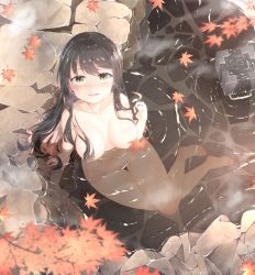 Rule 34 | 1girl, absurdres, autumn leaves, bath, bathing, black hair, blush, breasts, collarbone, commentary request, falling leaves, groin, highres, kantai collection, large breasts, leaf, legs, long hair, looking at viewer, multicolored hair, naganami (kancolle), navel, nude, onsen, open mouth, outdoors, partially submerged, pink hair, rock, sitting, smile, solo, steam, thighs, two-tone hair, water, water drop, wet, yui (seiga)