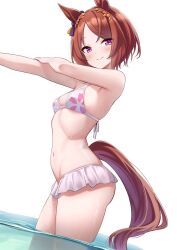 Rule 34 | 1girl, alternate costume, animal ears, armpits, bikini, blush, breasts, brown hair, closed mouth, collarbone, commentary request, hair ornament, herohero (higashi no dou), highres, horse ears, horse girl, horse tail, looking at viewer, ocean, pink eyes, sakura laurel (umamusume), small breasts, smile, solo, swimsuit, tail, umamusume, white background
