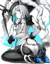 Rule 34 | 10s, 1girl, abyssal ship, ass, black gloves, blue eyes, bodysuit, burnt clothes, butt crack, doko tetora, gloves, grey hair, high heels, kantai collection, looking at viewer, monster, pale skin, pantyhose, personification, sitting, solo, torn clothes, wariza, wo-class aircraft carrier