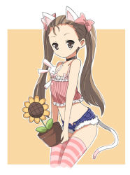 Rule 34 | 00s, 1girl, animal ears, bow, brown eyes, brown hair, cat ears, cat tail, flower, hair bow, idolmaster, idolmaster (classic), idolmaster 1, long hair, maro nie, midriff, minase iori, pink bow, solo, striped clothes, striped thighhighs, tail, thighhighs, twintails