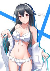 Rule 34 | 1girl, bikini, black hair, breasts, brown eyes, cleavage, cowboy shot, dated, frilled bikini, frills, hachiware (8ware63), hair ornament, hairband, hairclip, haruna (kancolle), headgear, highres, jacket, kantai collection, large breasts, long hair, solo, swimsuit, twitter username, two-tone background, white background, white bikini, white jacket