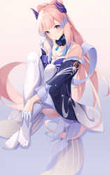 Rule 34 | 1girl, absurdres, bare shoulders, blue hair, blush, bow-shaped hair, breasts, brooch, choker, cleavage, commentary, crossed ankles, feet, frilled sleeves, frills, genshin impact, gloves, gradient background, gradient hair, half gloves, hand on own foot, head wings, highres, jewelry, large breasts, long hair, long sleeves, looking at viewer, multicolored hair, no shoes, pink hair, purple eyes, sangonomiya kokomi, see-through, sitting, solo, swallow zzy, thighhighs, two-tone hair, white gloves, white thighhighs, wide sleeves, wings