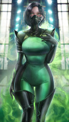 Rule 34 | 1girl, absurdres, black hair, bodysuit, breasts, green eyes, highres, large breasts, mask, mouth mask, short hair, smoke, solo, valorant, viper (valorant), yoellim5